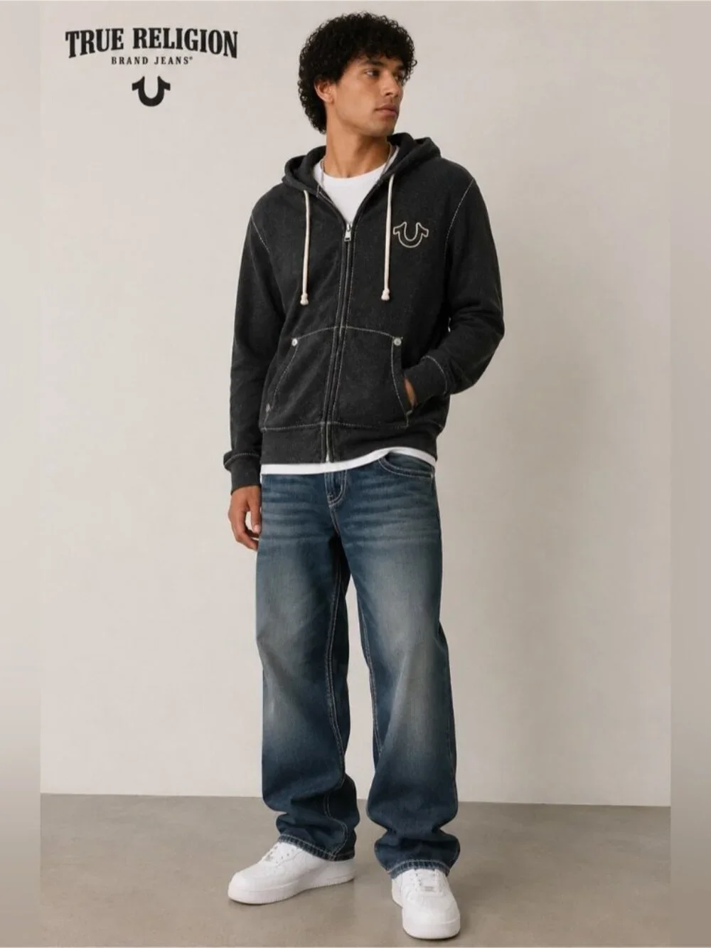 True Religion Zip-Up Hoodie Charcoal Gray Contrast Stitch Logo Size Large
